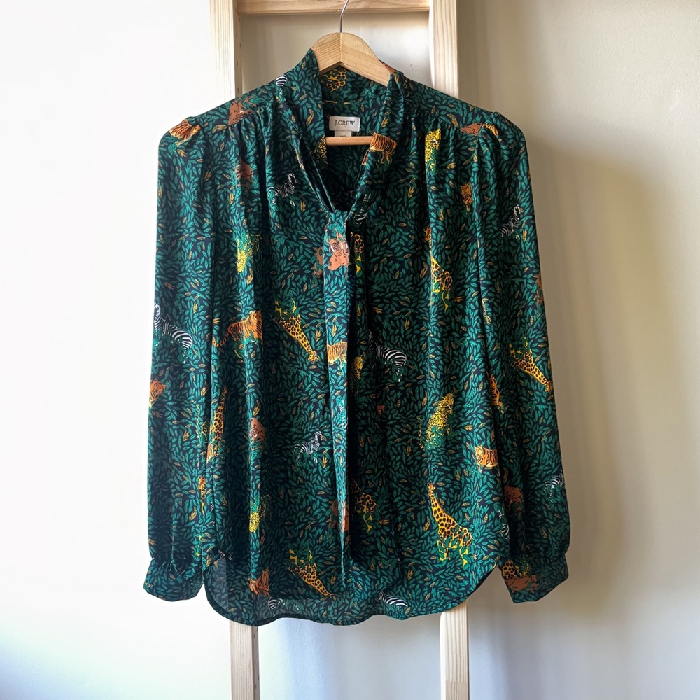 Jcrew Animal Print Tie Neck Blouse